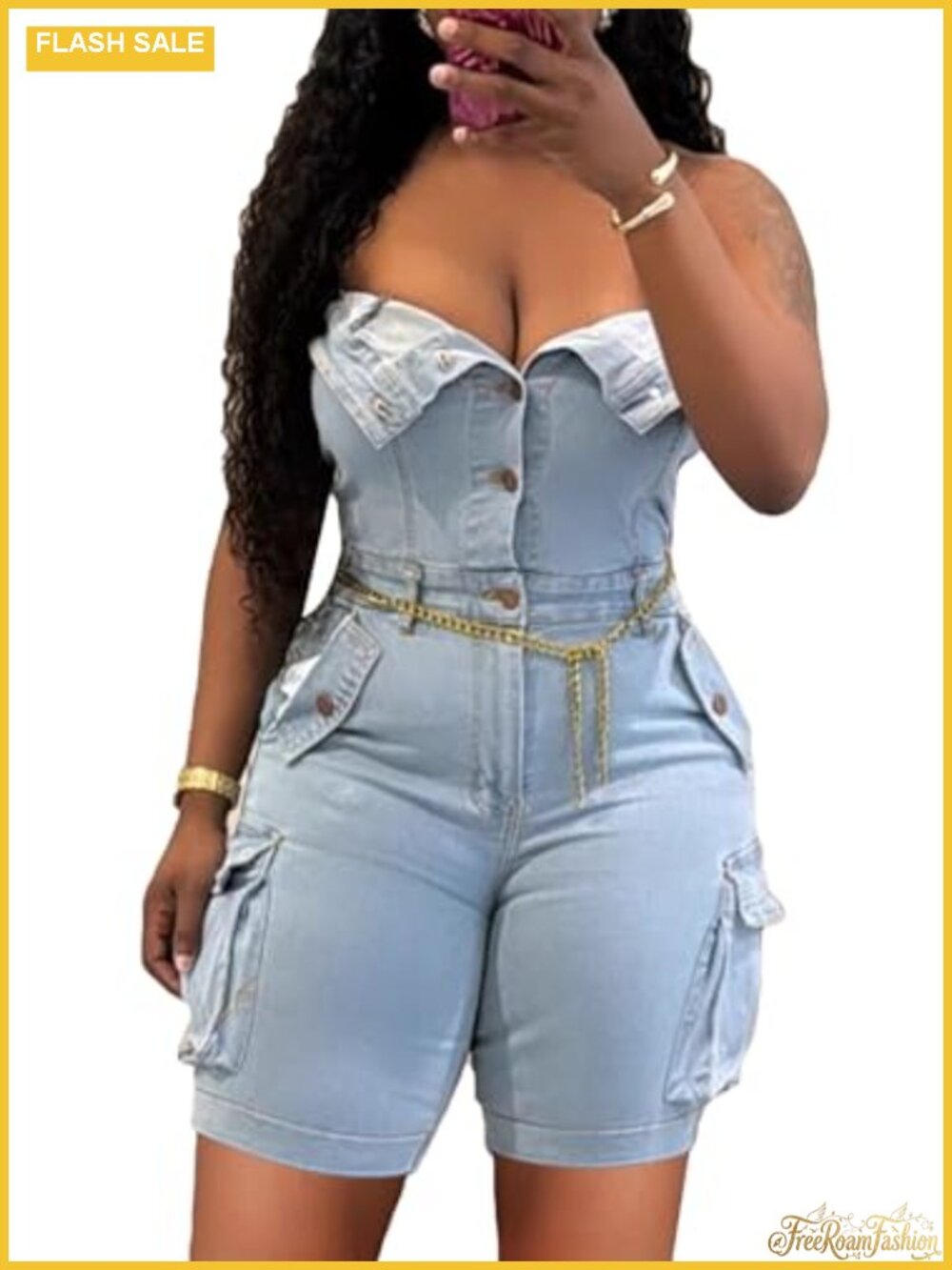 Sexy Strapless Denim Romper Jumpsuit for Women with Pockets High Stretch